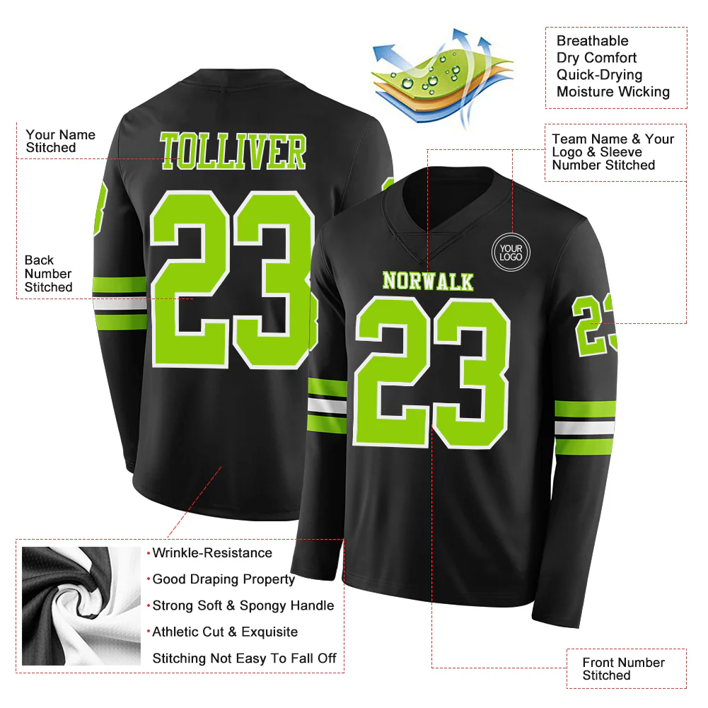 Custom Black Neon Green-White Long Sleeve Authentic Football Jersey - Image 2