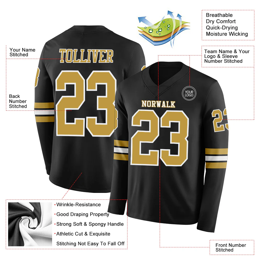 Custom Black Old Gold-White Long Sleeve Authentic Football Jersey - Image 2