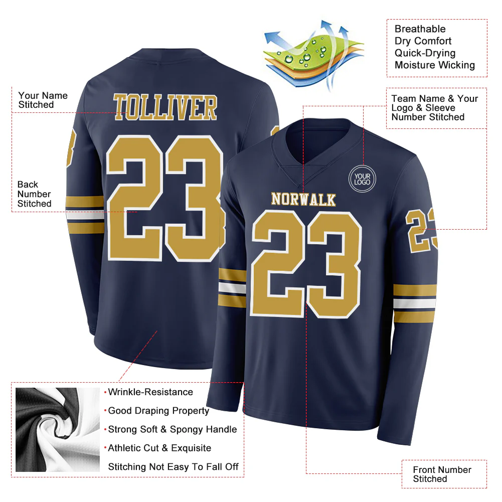 Custom Navy Old Gold-White Long Sleeve Authentic Football Jersey - Image 2