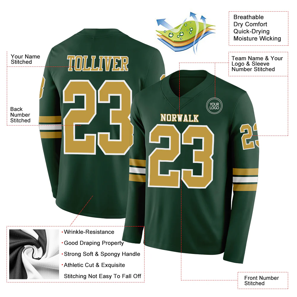 Custom Green Old Gold-White Long Sleeve Authentic Football Jersey - Image 2