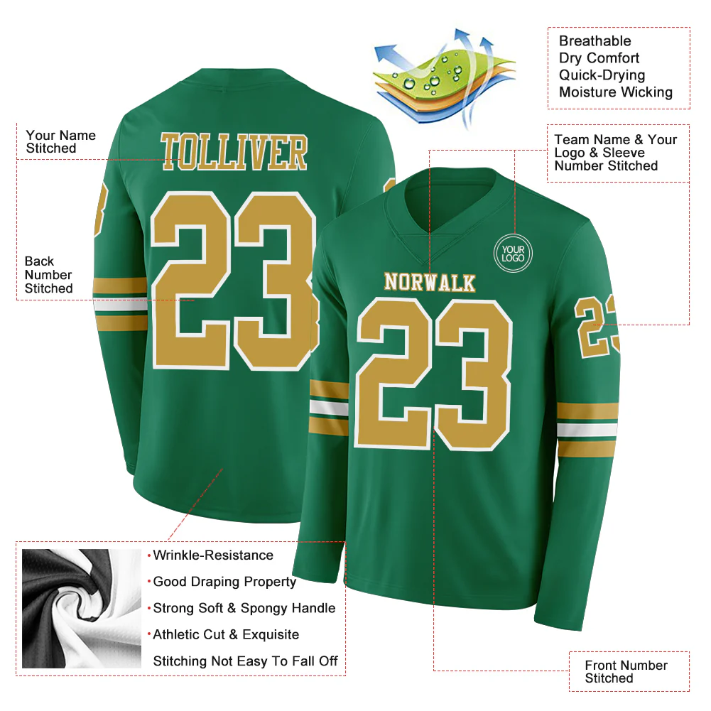 Custom Kelly Green Old Gold-White Long Sleeve Authentic Football Jersey - Image 2