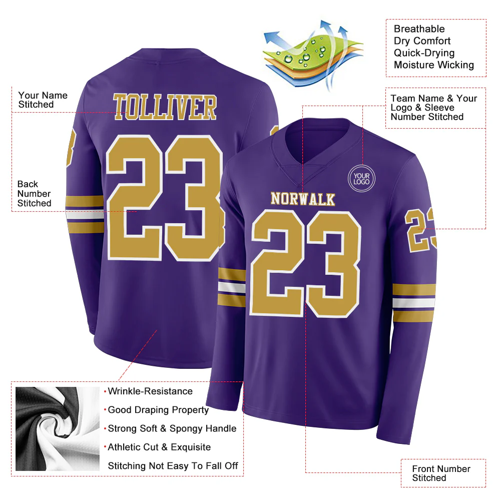 Custom Purple Old Gold-White Long Sleeve Authentic Football Jersey - Image 2