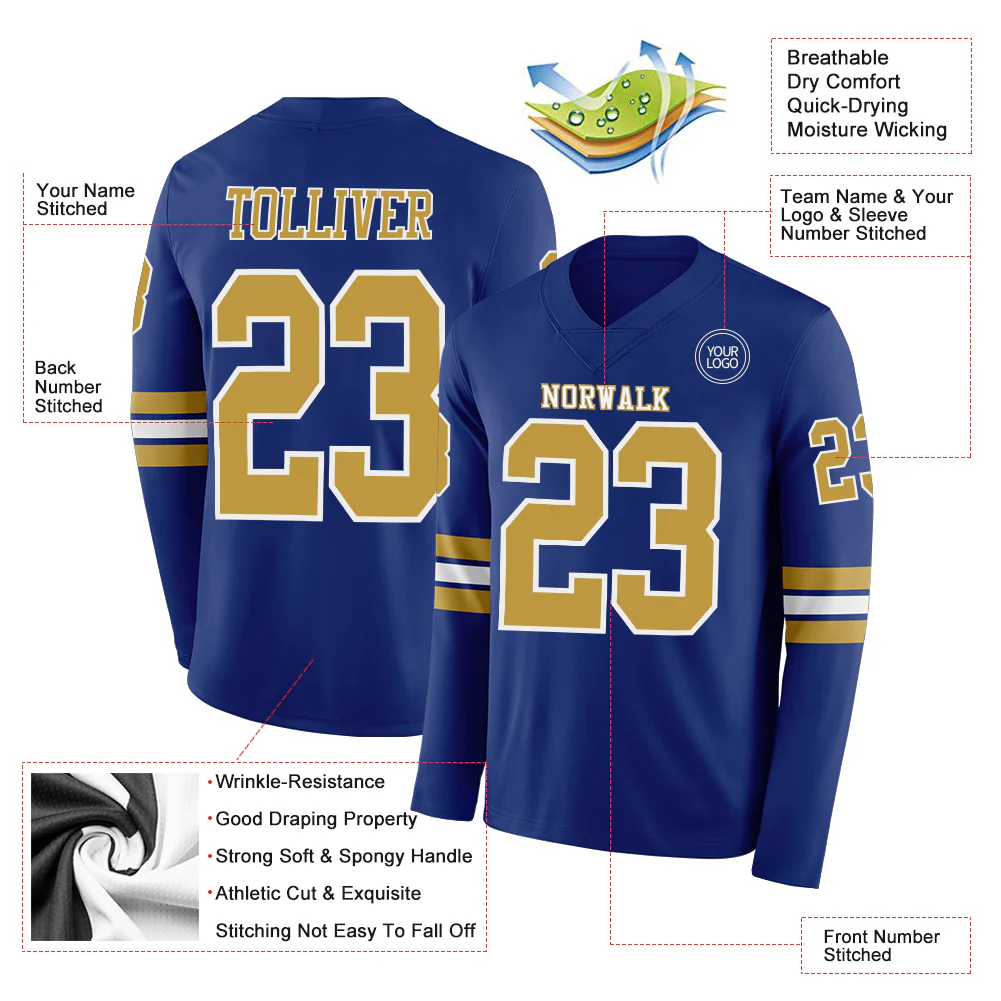 Custom Royal Old Gold-White Long Sleeve Authentic Football Jersey - Image 2