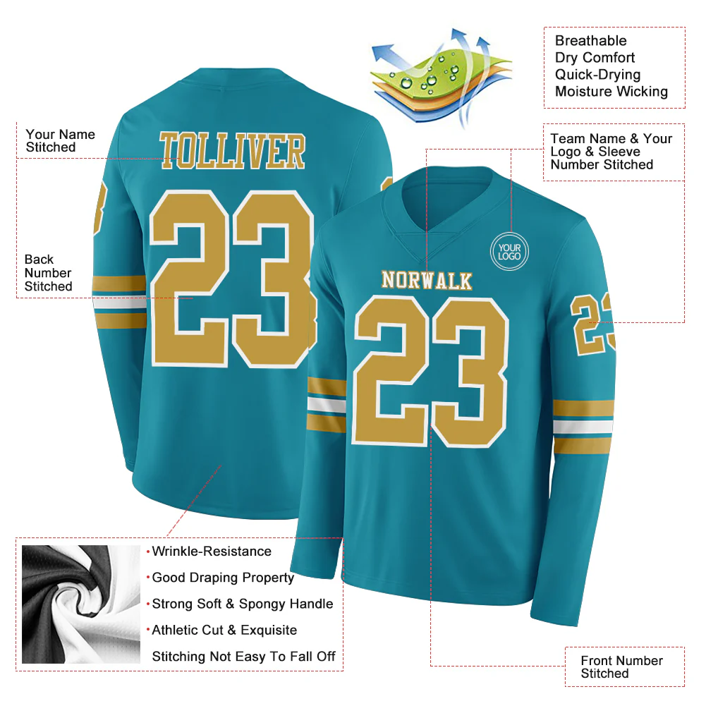 Custom Teal Old Gold-White Long Sleeve Authentic Football Jersey - Image 2