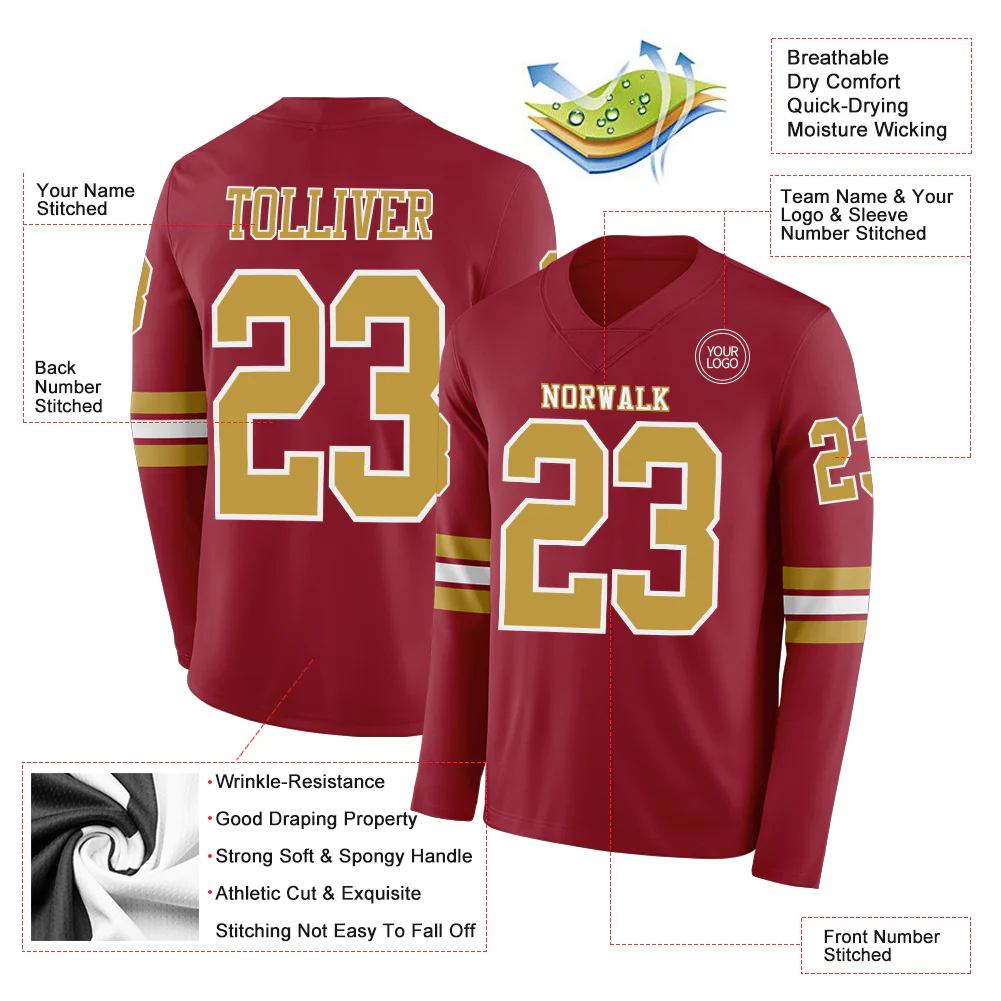 Custom Cardinal Old Gold-White Long Sleeve Authentic Football Jersey - Image 2