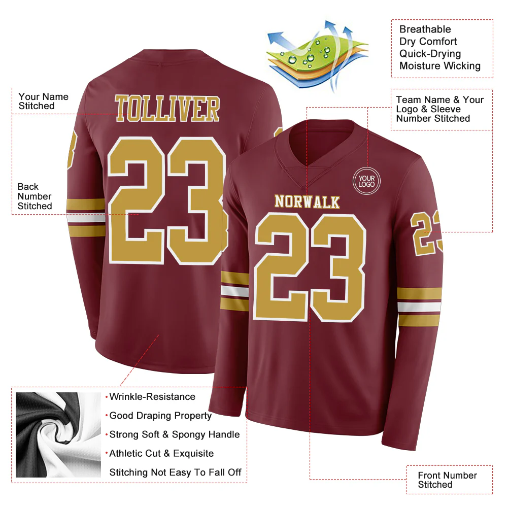 Custom Burgundy Old Gold-White Long Sleeve Authentic Football Jersey - Image 2