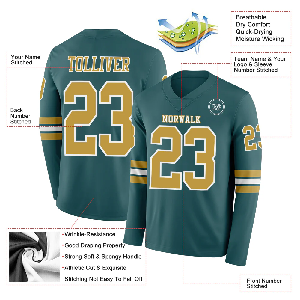 Custom Midnight Green Old Gold-White Long Sleeve Authentic Football Jersey - Image 2