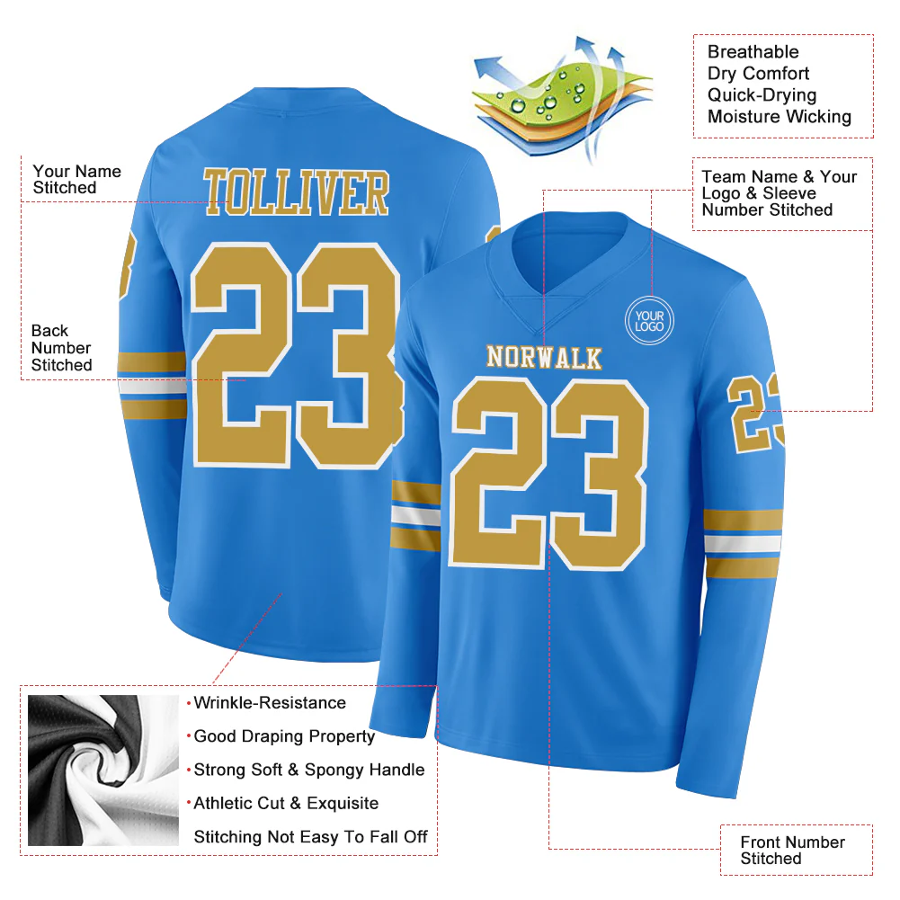Custom Powder Blue Old Gold-White Long Sleeve Authentic Football Jersey - Image 2