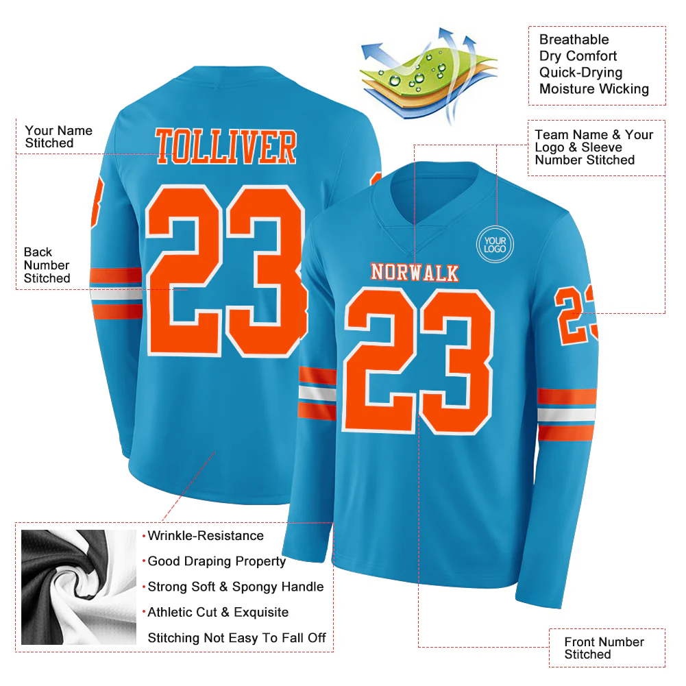Custom Panther Blue Orange-White Long Sleeve Authentic Football Jersey - Image 2