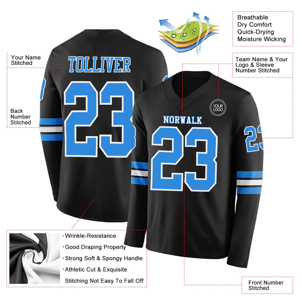 Custom Black Powder Blue-White Long Sleeve Authentic Football Jersey - Image 2