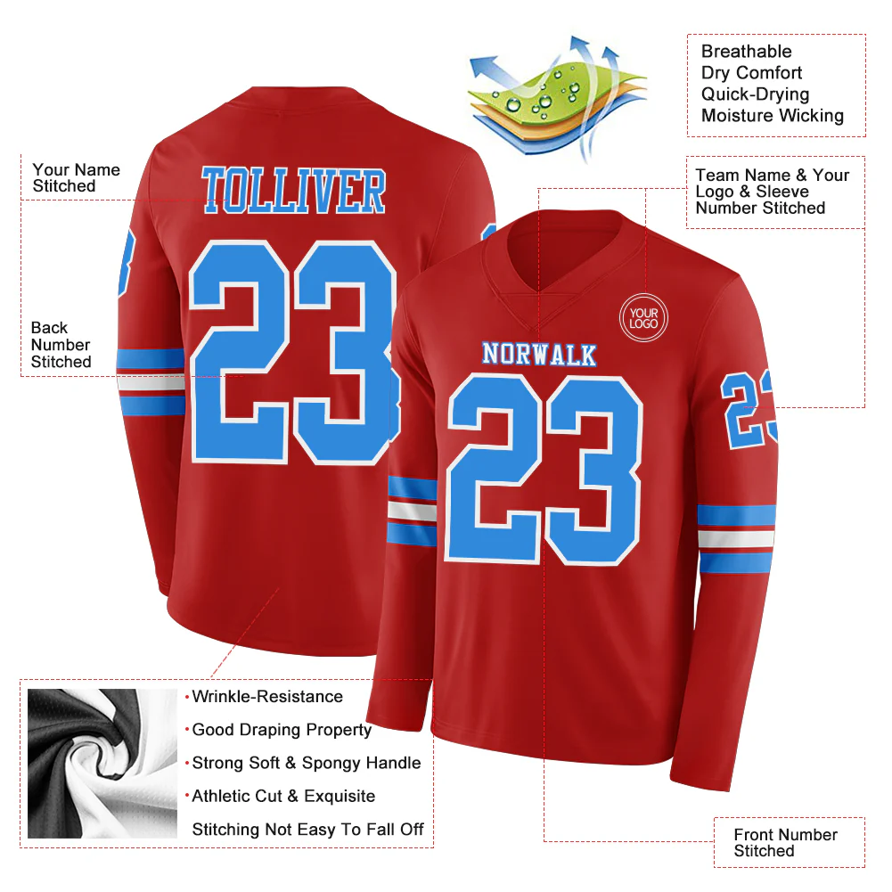Custom Red Powder Blue-White Long Sleeve Authentic Football Jersey - Image 2