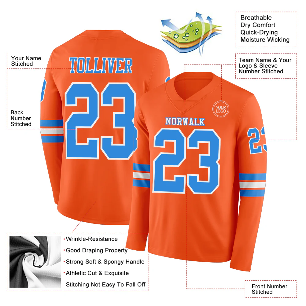 Custom Orange Powder Blue-White Long Sleeve Authentic Football Jersey - Image 2
