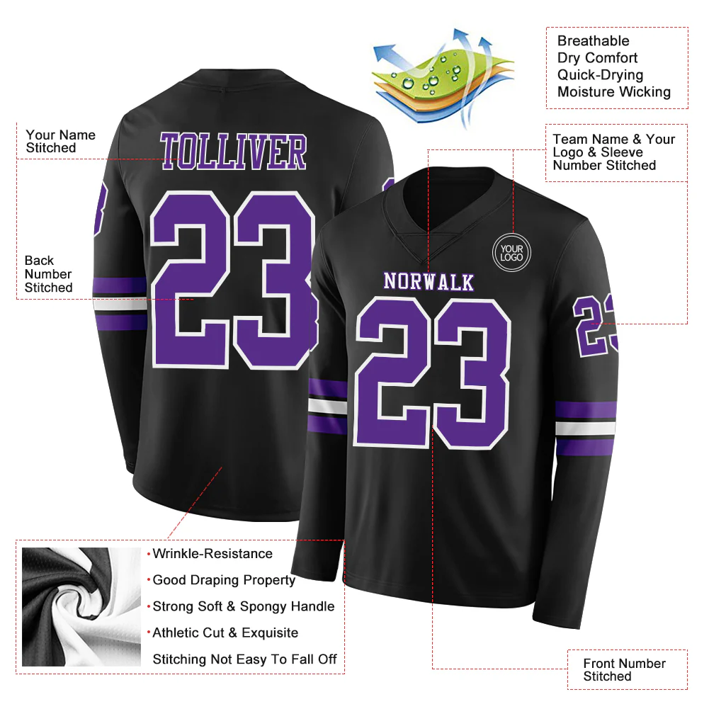 Custom Black Purple-White Long Sleeve Authentic Football Jersey - Image 2