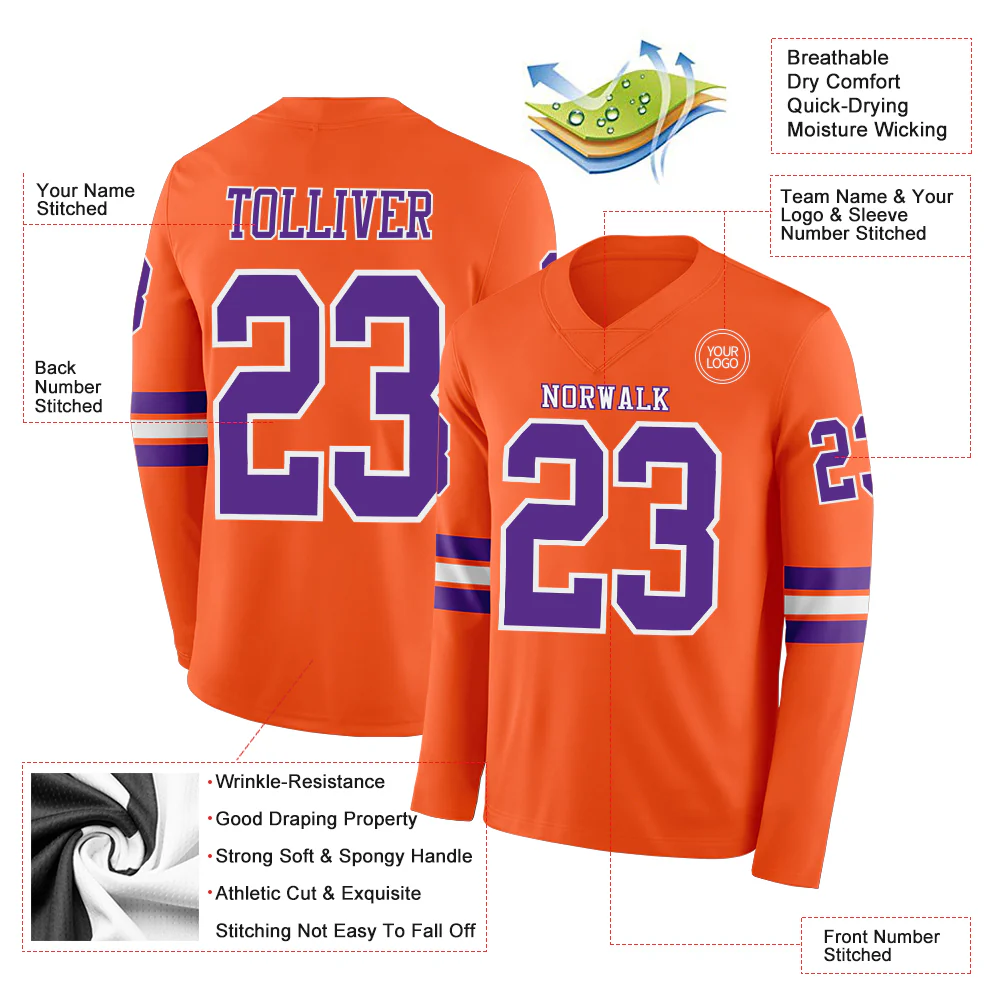 Custom Orange Purple-White Long Sleeve Authentic Football Jersey - Image 2