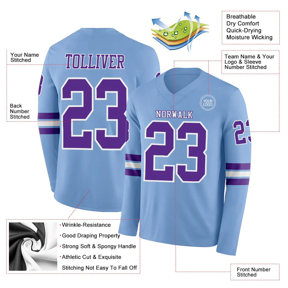 Custom Light Blue Purple-White Long Sleeve Authentic Football Jersey - Image 2