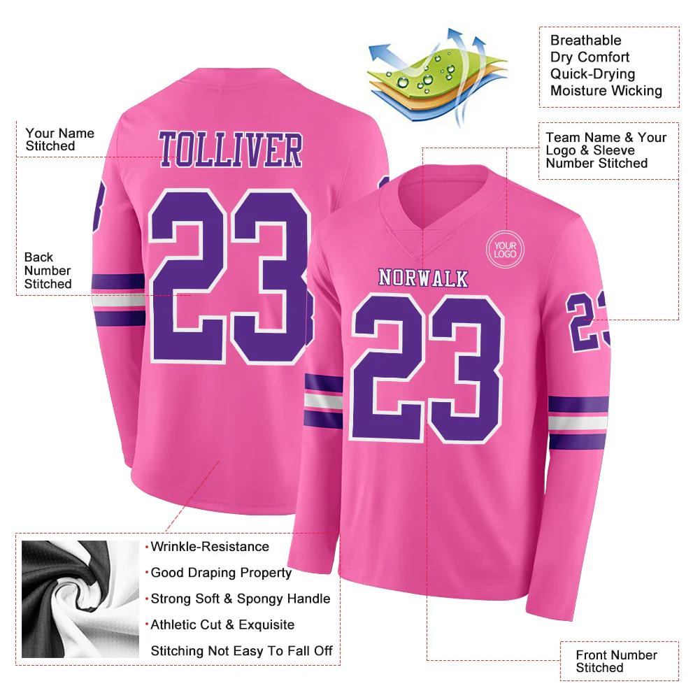 Custom Pink Purple-White Long Sleeve Authentic Football Jersey - Image 2