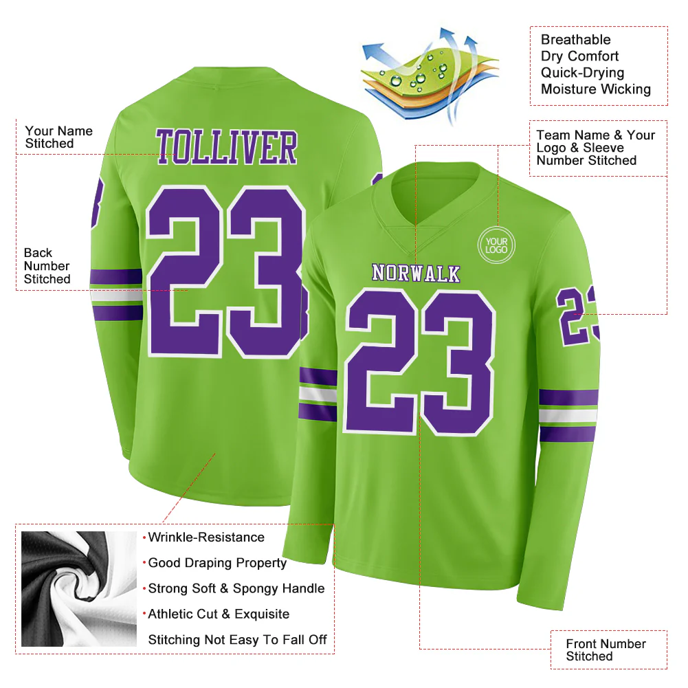 Custom Neon Green Purple-White Long Sleeve Authentic Football Jersey - Image 2