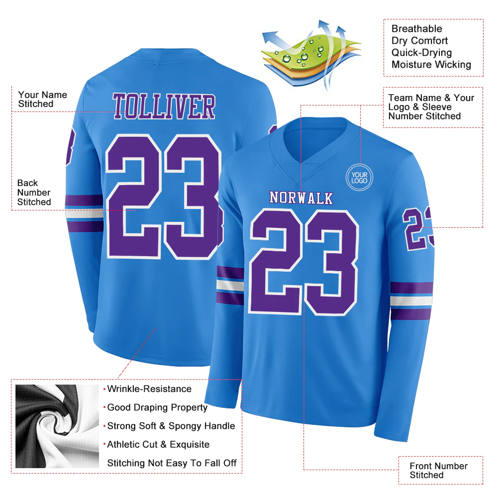 Custom Powder Blue Purple-White Long Sleeve Authentic Football Jersey - Image 2