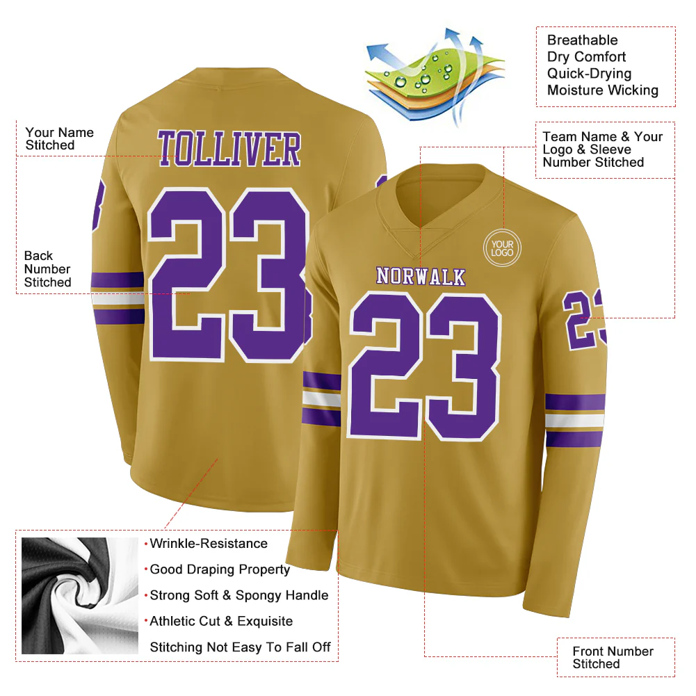 Custom Old Gold Purple-White Long Sleeve Authentic Football Jersey - Image 2