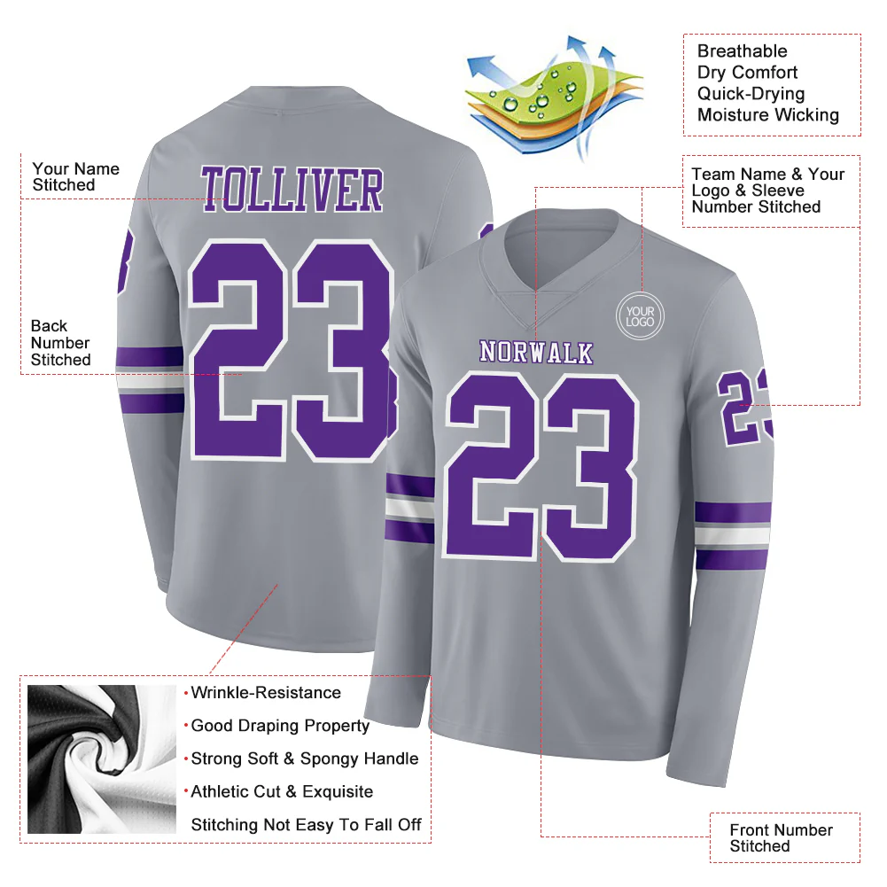 Custom Gray Purple-White Long Sleeve Authentic Football Jersey - Image 2
