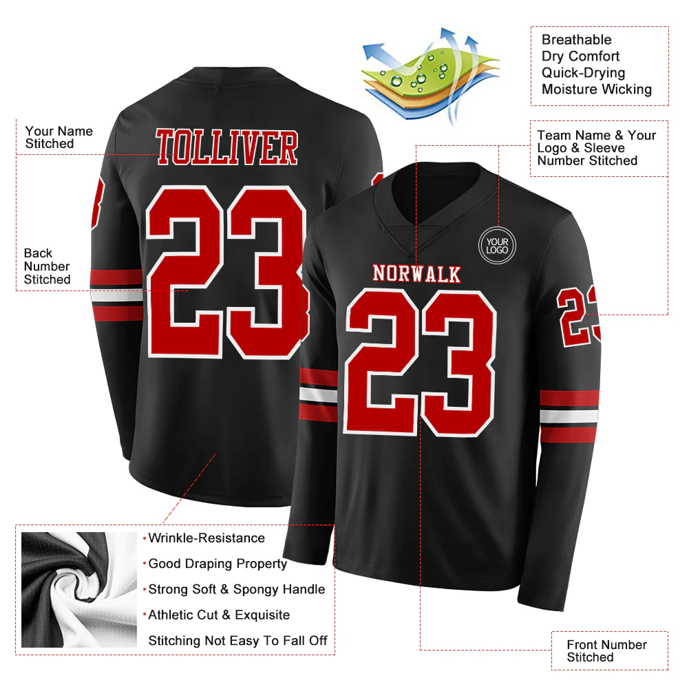 Custom Black Red-White Long Sleeve Authentic Football Jersey - Image 2