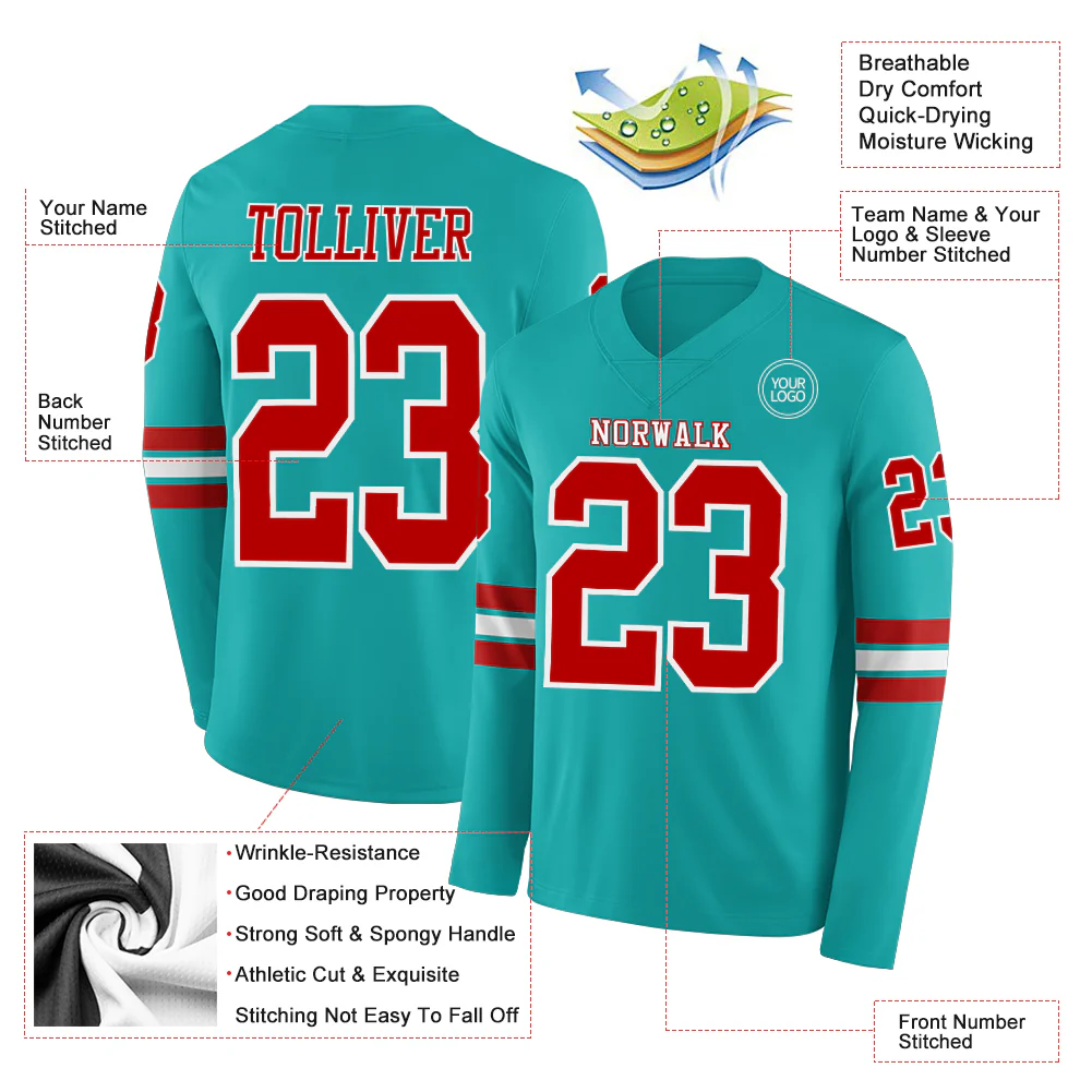 Custom Aqua Red-White Long Sleeve Authentic Football Jersey - Image 2