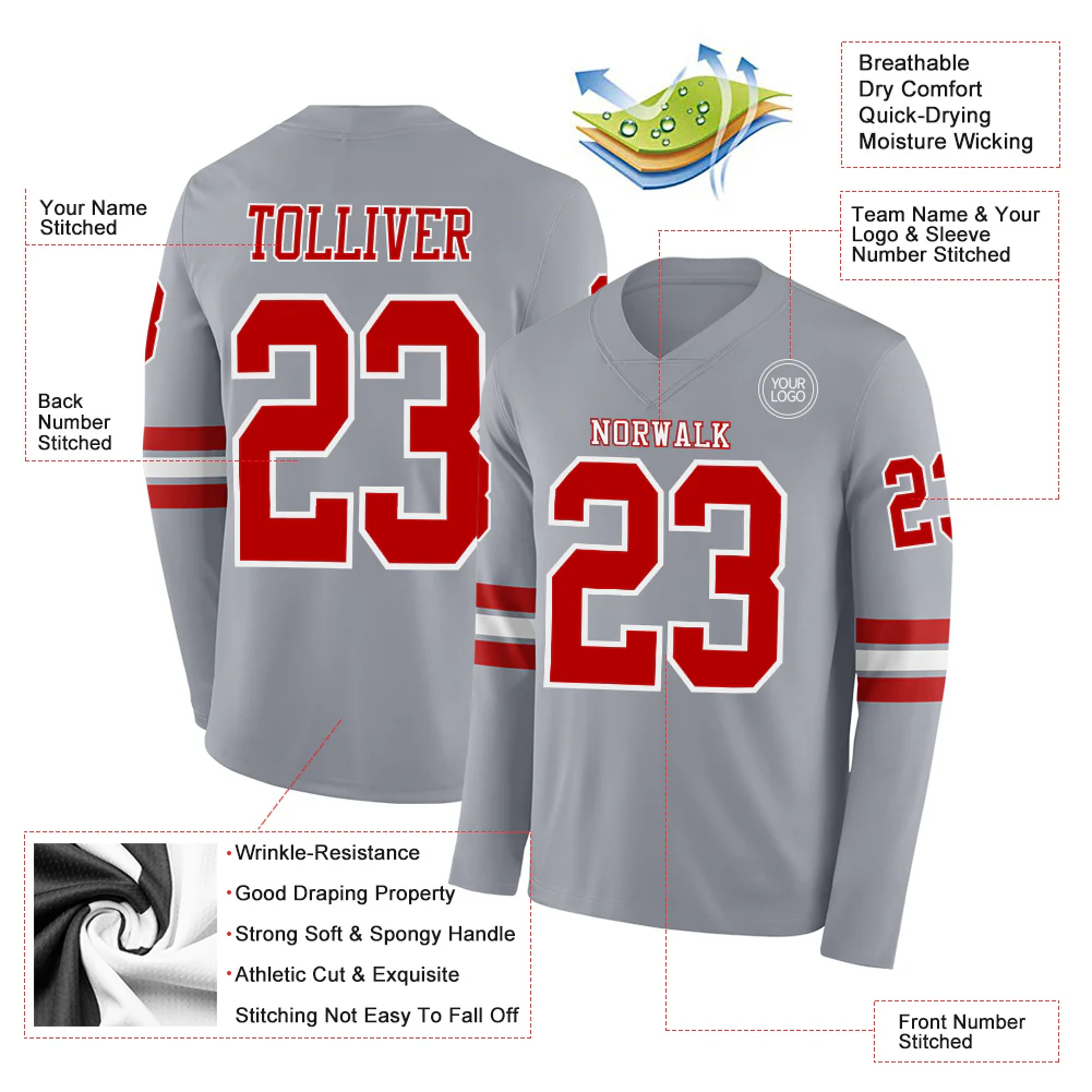 Custom Gray Red-White Long Sleeve Authentic Football Jersey - Image 2