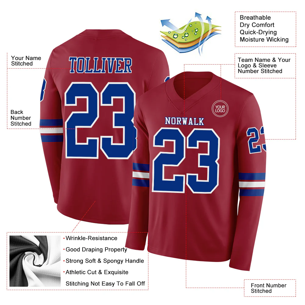Custom Cardinal Royal-White Long Sleeve Authentic Football Jersey - Image 2