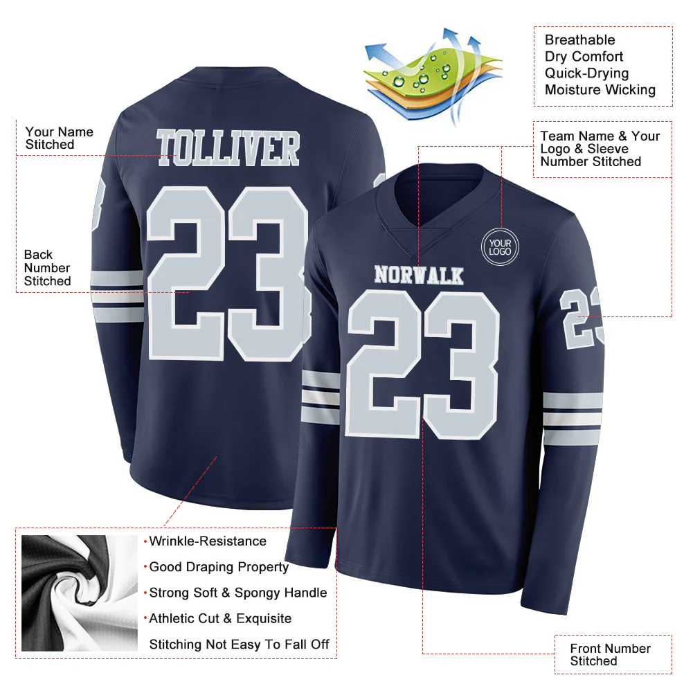Custom Navy Silver-White Long Sleeve Authentic Football Jersey - Image 2