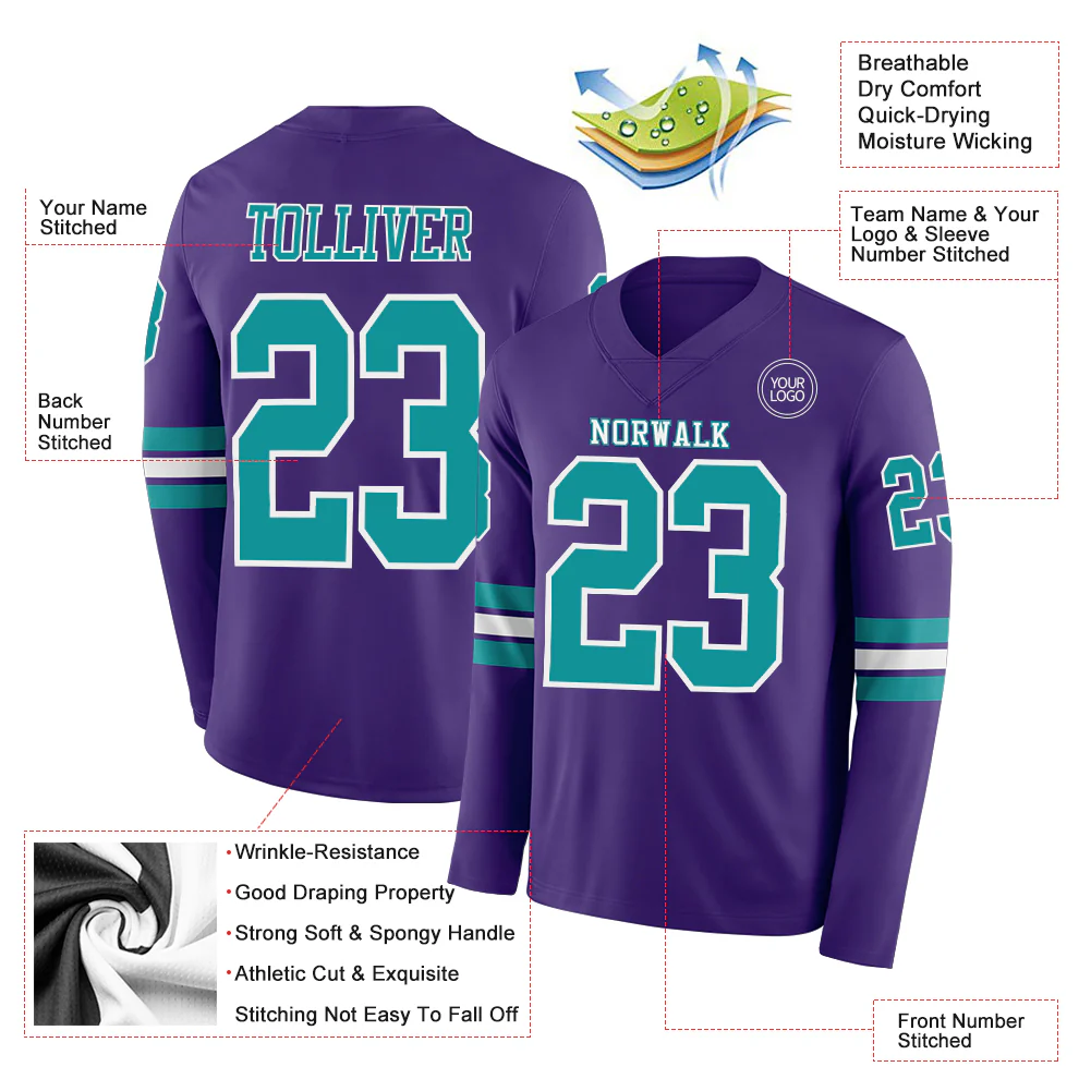 Custom Purple Teal-White Long Sleeve Authentic Football Jersey - Image 2