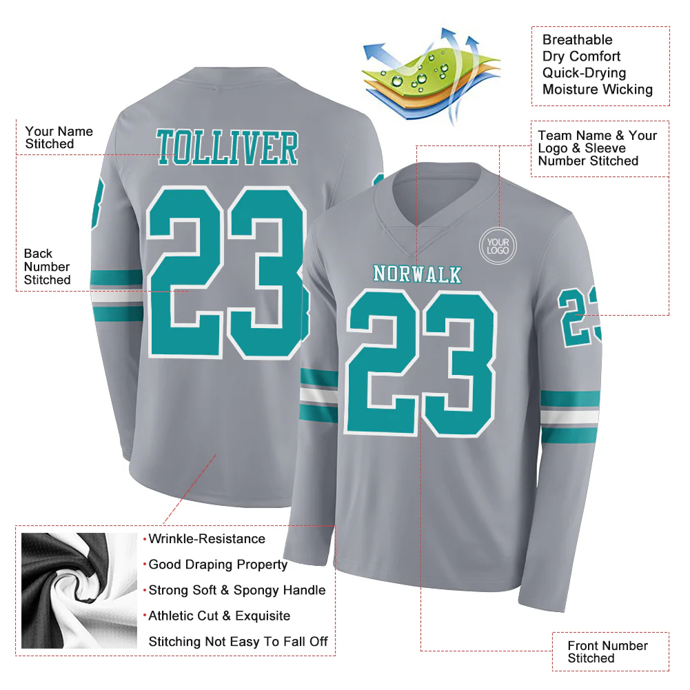 Custom Gray Teal-White Long Sleeve Authentic Football Jersey - Image 2