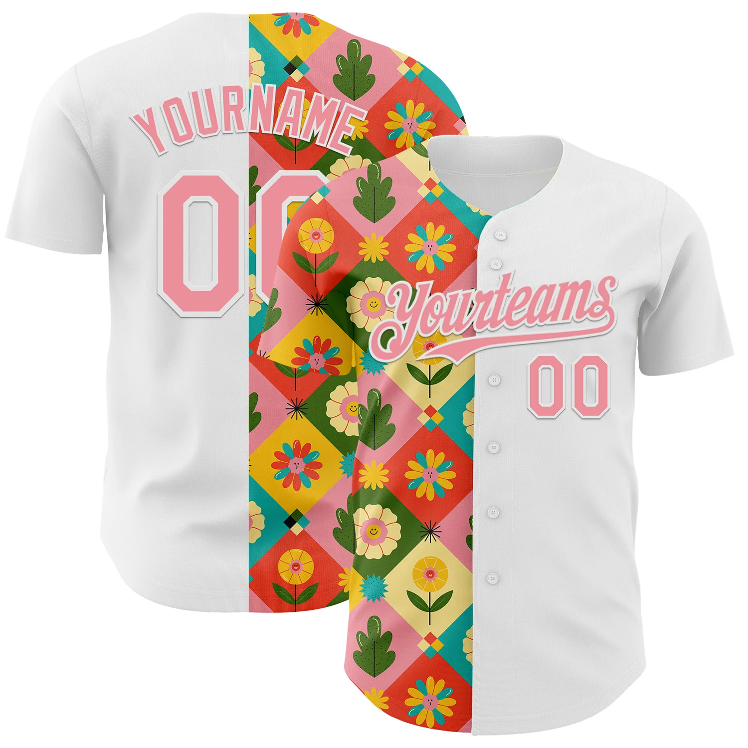 Custom White Medium Pink 3D Ambartive Checkered Flower Pattern Authentic Baseball Jersey