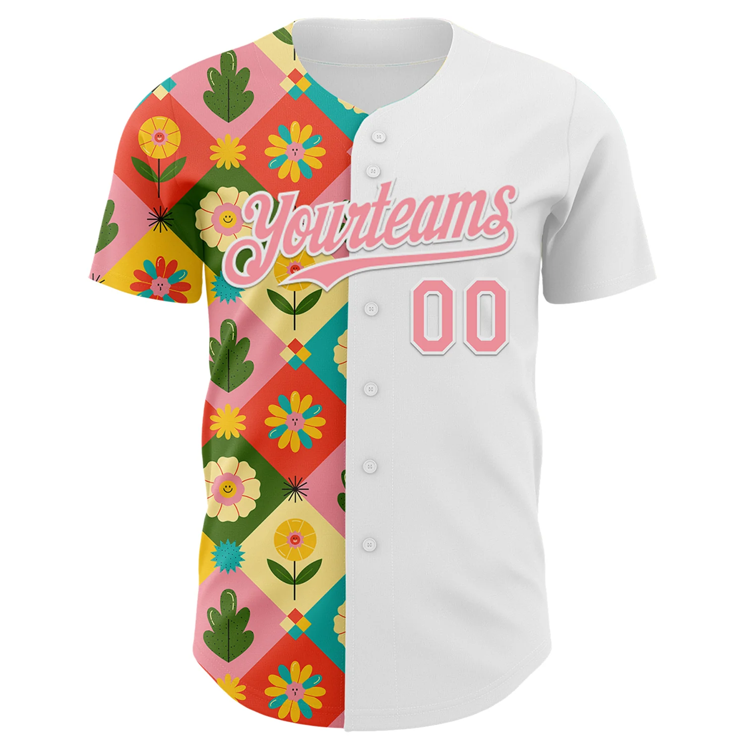 Custom White Medium Pink 3D Ambartive Checkered Flower Pattern Authentic Baseball Jersey - Image 2