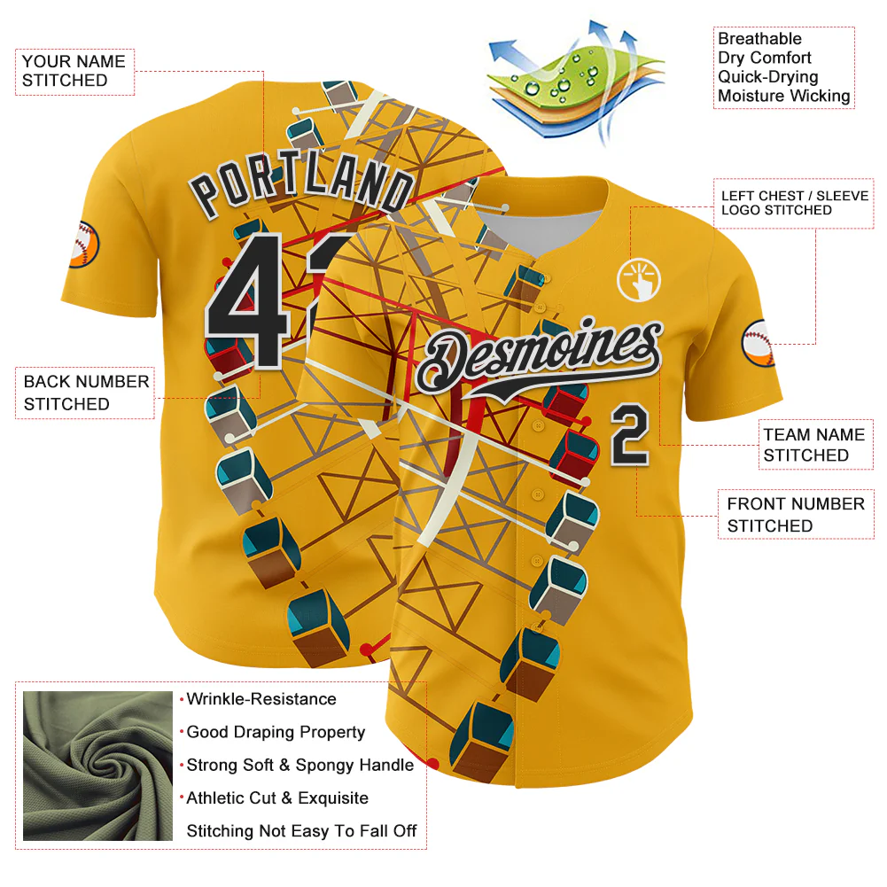 Custom Gold Black-White 3D Nikita Fraser Ferris Wheel Authentic Baseball Jersey - Image 3