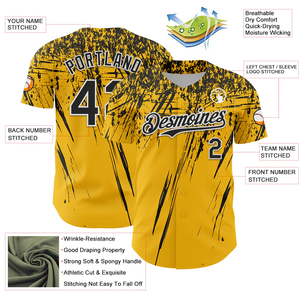 Custom Gold Black-White Distressed Scratch Brush Stroke Authentic Baseball Jersey - Image 3