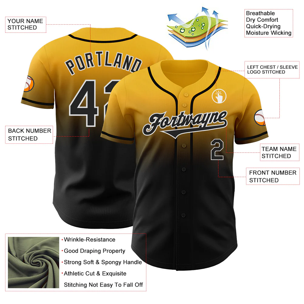 Custom Gold Black-White Authentic Fade Fashion Baseball Jersey - Image 3