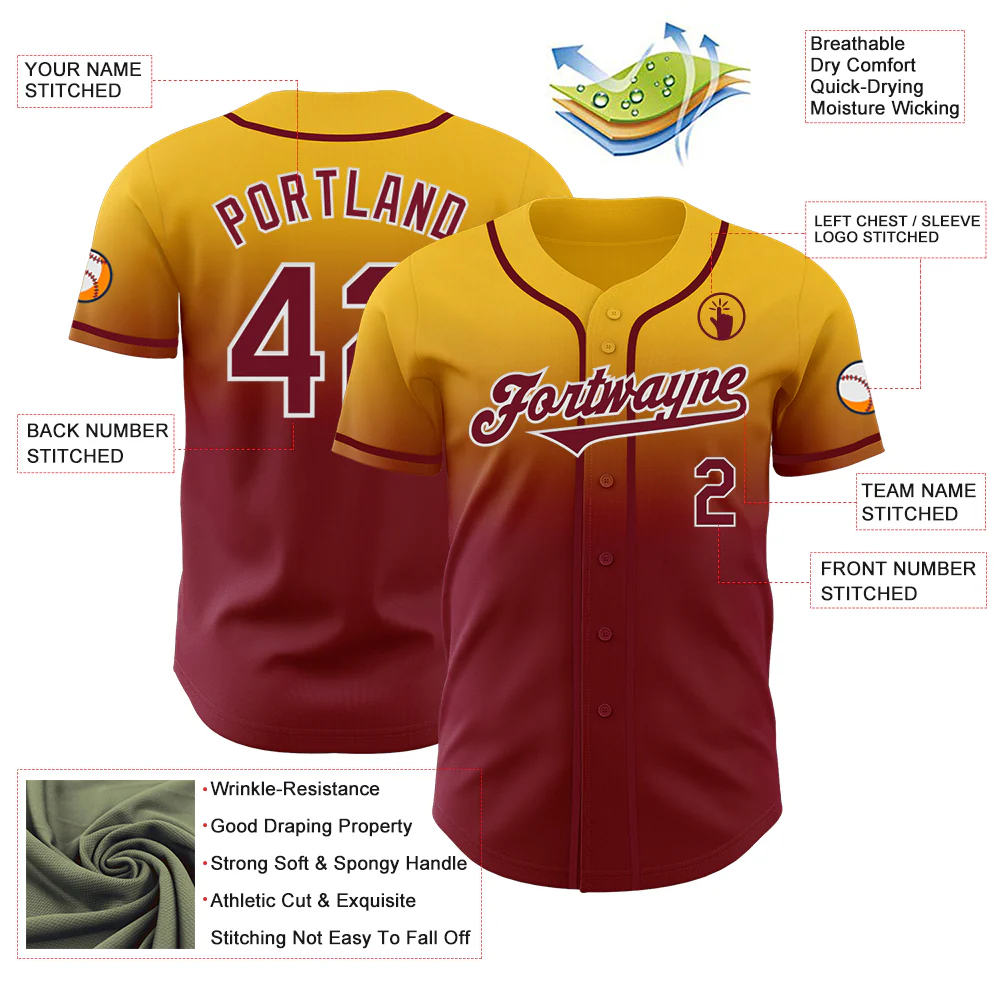 Custom Gold Crimson-White Authentic Fade Fashion Baseball Jersey - Image 3