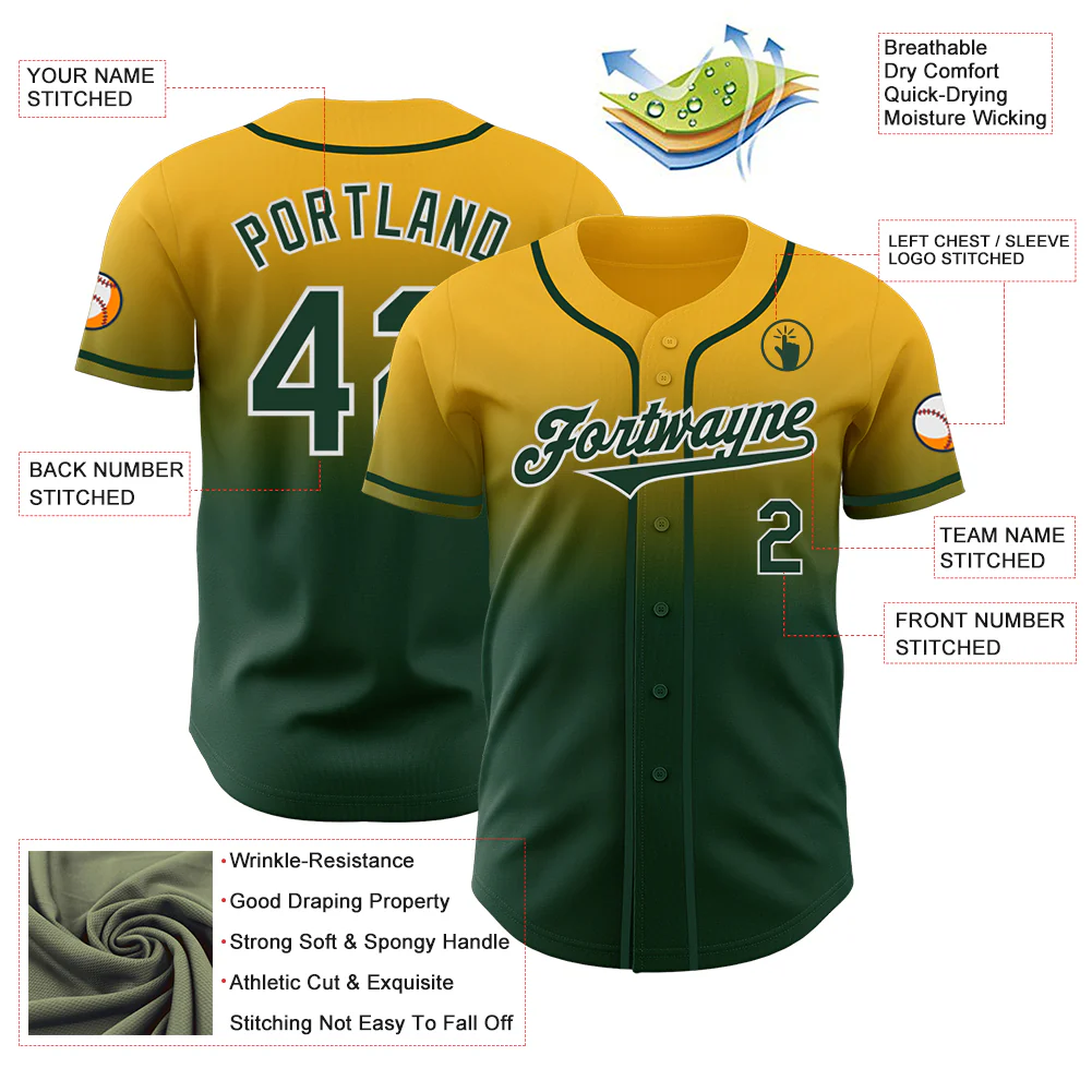 Custom Gold Green-White Authentic Fade Fashion Baseball Jersey - Image 3