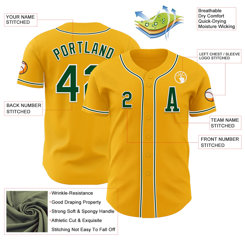Custom Gold Green-White Authentic Baseball Jersey - Image 2
