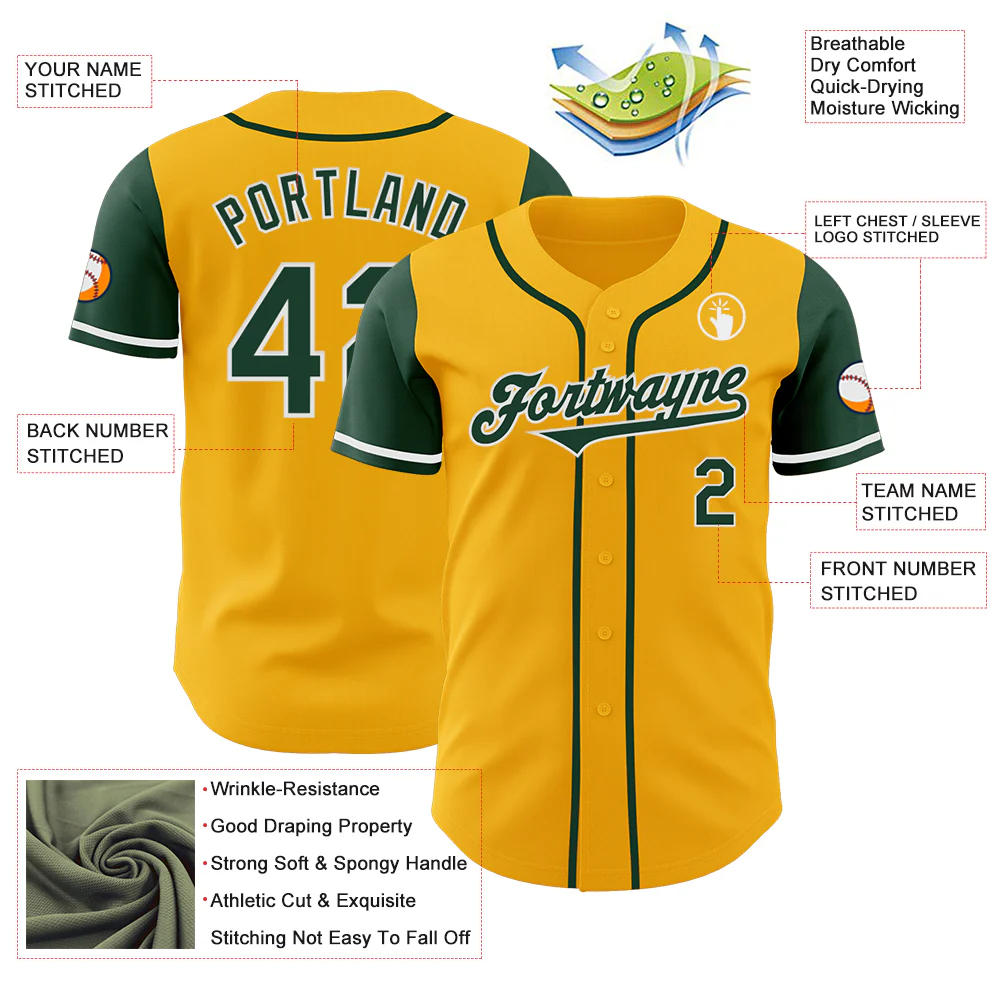 Custom Gold Green-White Authentic Two Tone Baseball Jersey - Image 3