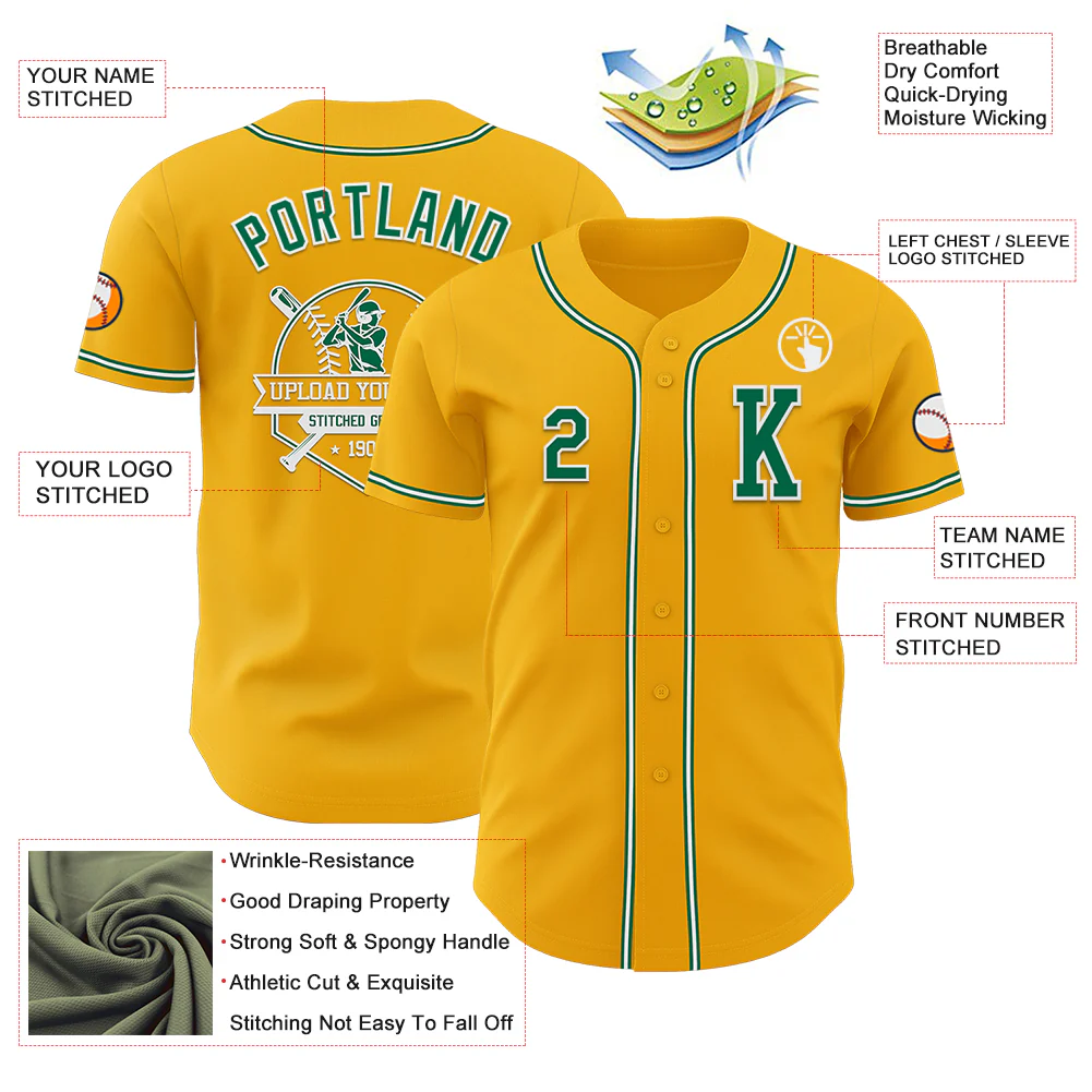 Custom Gold Kelly Green-White Authentic Baseball Jersey - Image 6