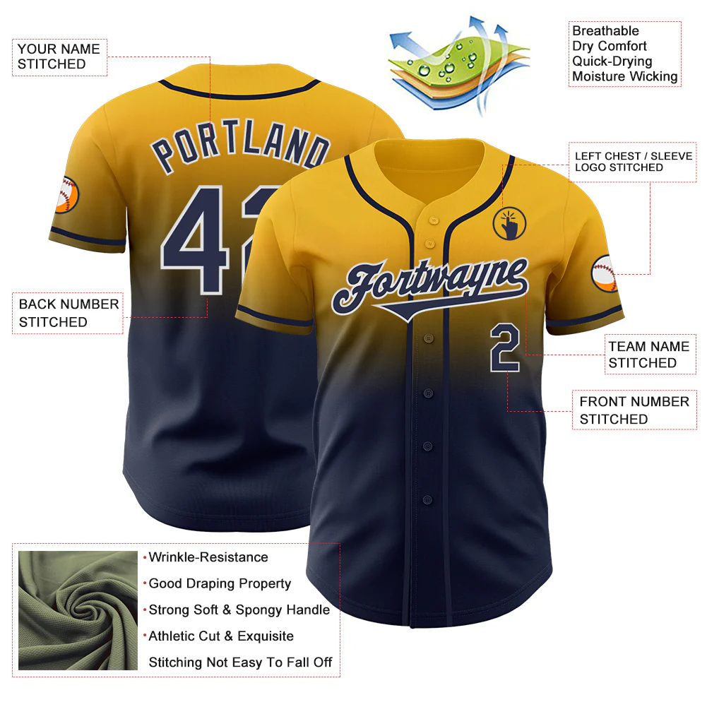 Custom Gold Navy-White Authentic Fade Fashion Baseball Jersey - Image 3