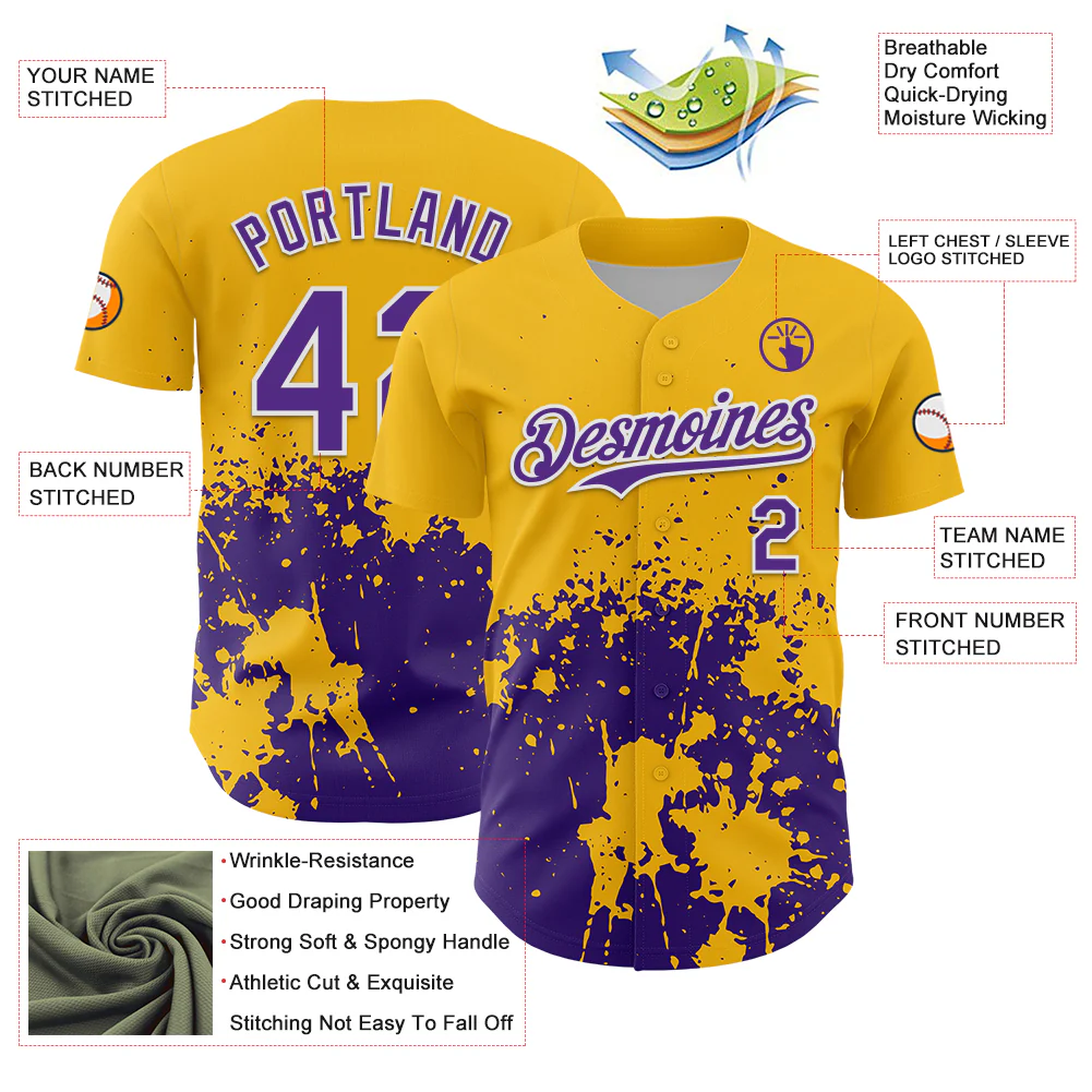 Custom Gold Purple-White Abstract Splatter Grunge Authentic Baseball Jersey - Image 3