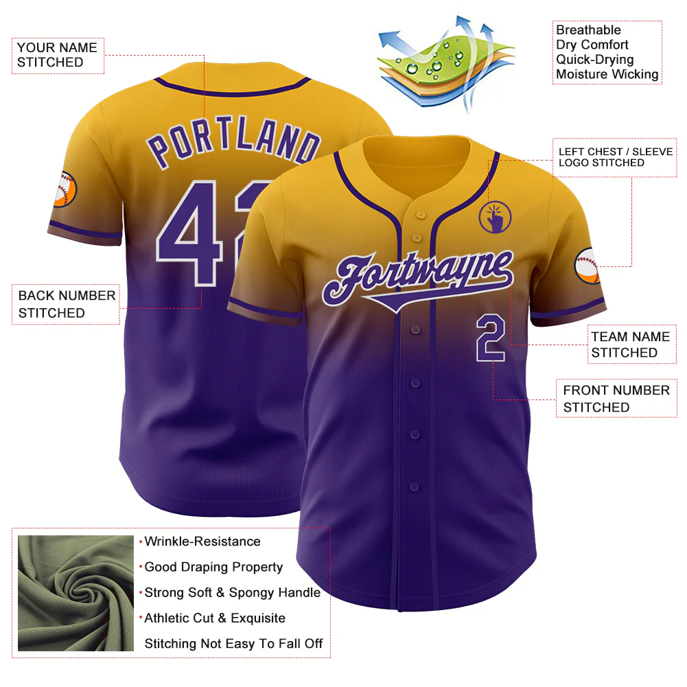 Custom Gold Purple-White Authentic Fade Fashion Baseball Jersey - Image 3