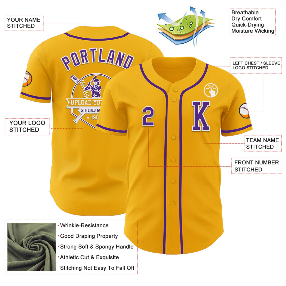 Custom Gold Purple-White Authentic Baseball Jersey - Image 6