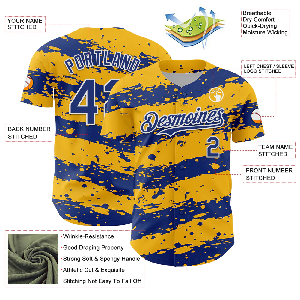 Custom Gold Royal-White Paint Splash Stripe Authentic Baseball Jersey - Image 3