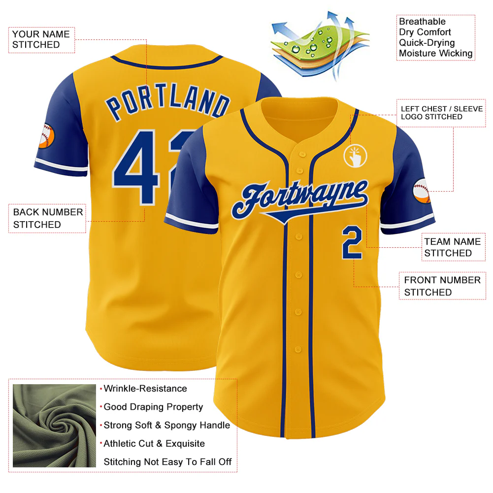 Custom Gold Royal-White Authentic Two Tone Baseball Jersey - Image 3
