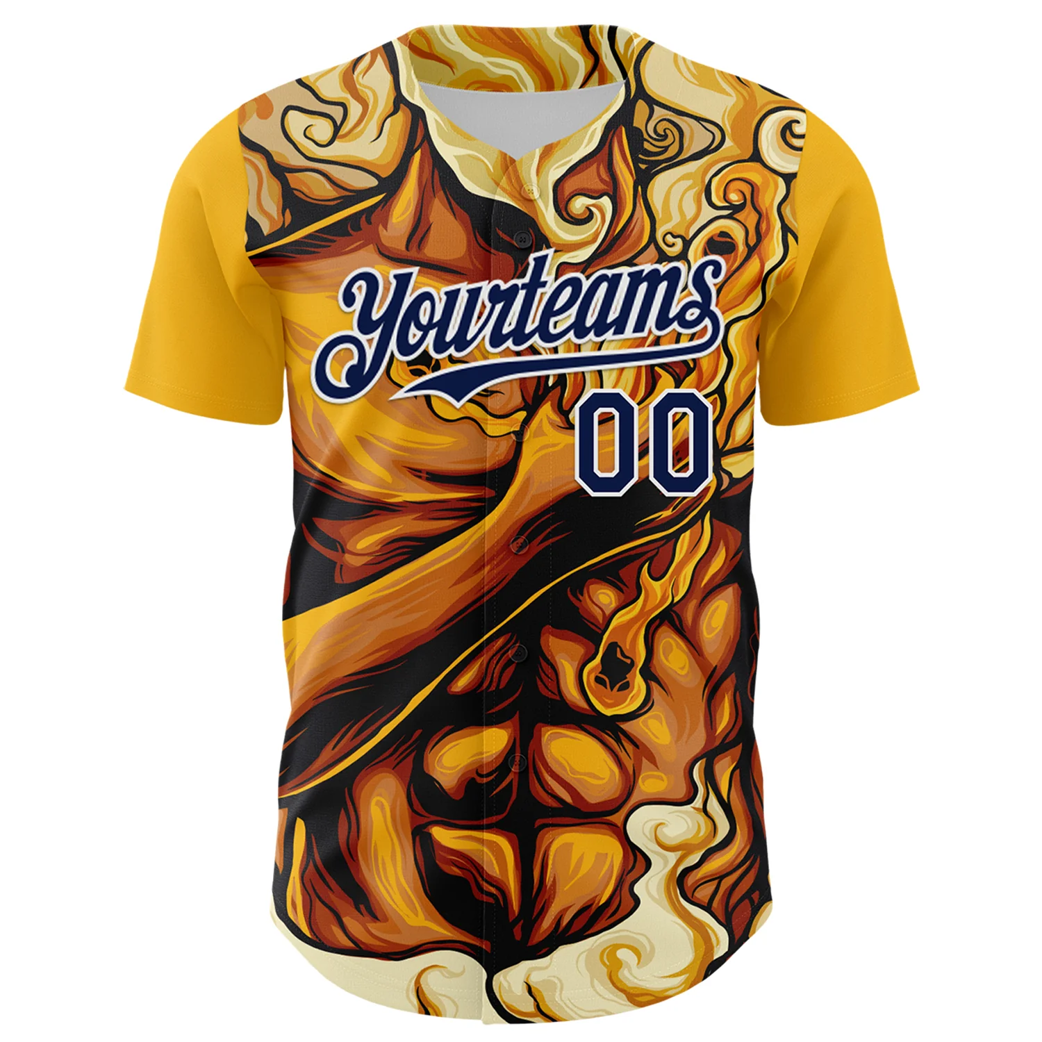 Custom Gold Navy-White 3D Pattern Design Burner Costumes Flame Authentic Baseball Jersey - Image 2