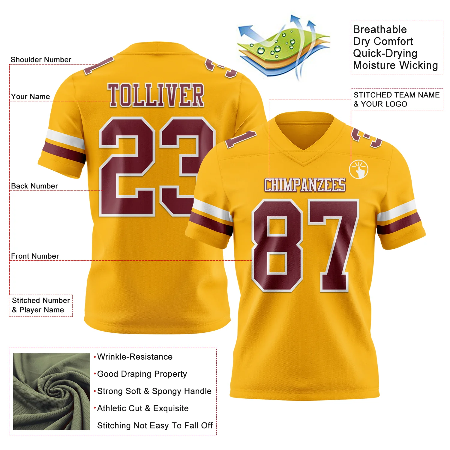 Custom Gold Burgundy-White Authentic Football Jersey - Image 3