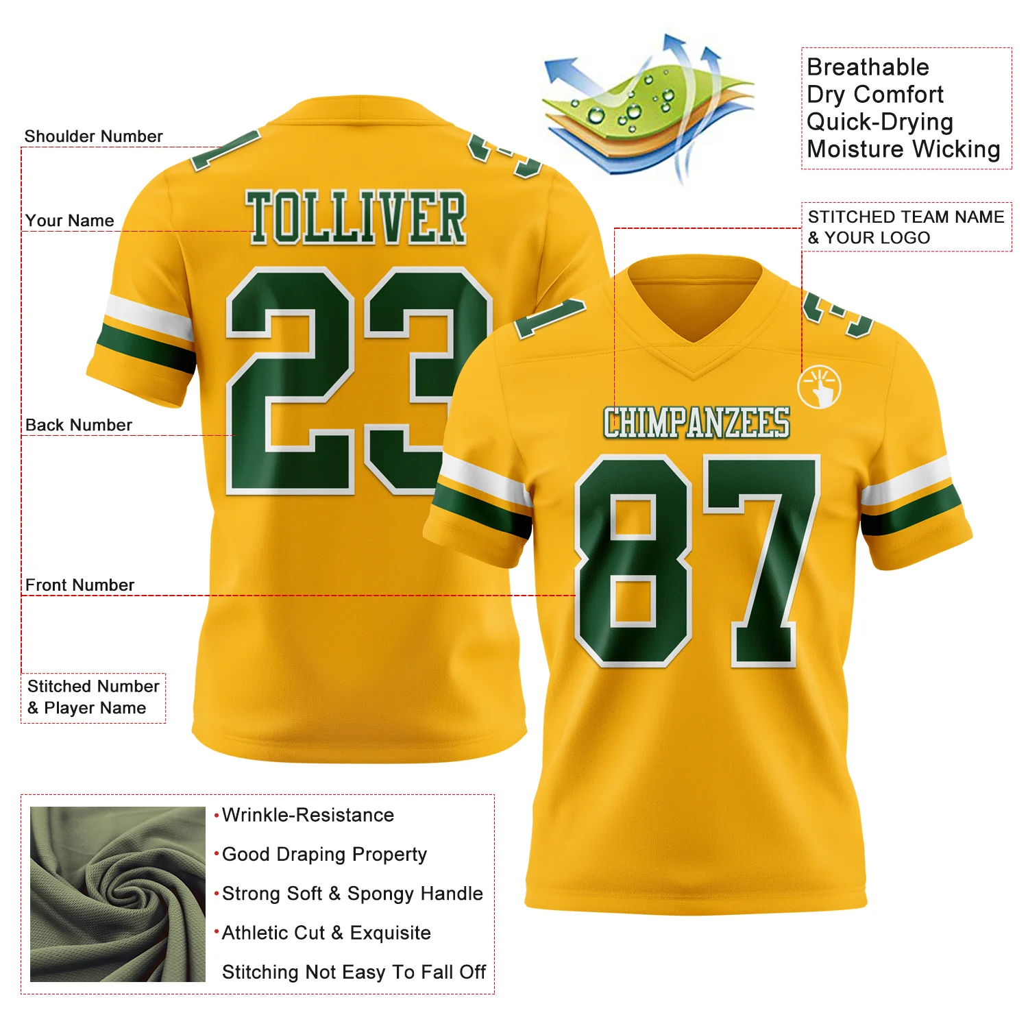 Custom Gold Green-White Authentic Football Jersey - Image 3